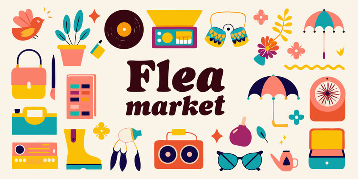 A colorful collection of vintage flea market items and decorative elements