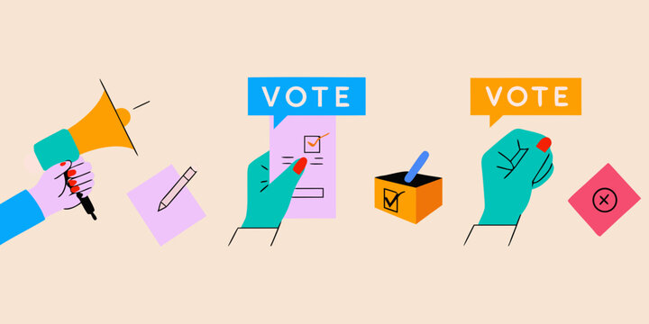 Illustration showing hands interacting with voting symbols like ballots and boxes