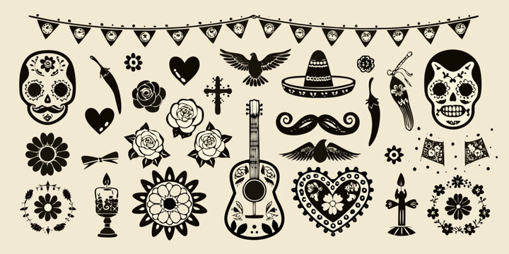 Day of the dead decorative elements skulls flowers guitar and festive banners