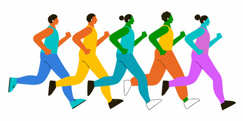 Diverse group of people running together in a colorful stylized illustration