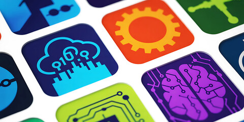 Collection of modern colorful digital icons representing technology and data processing on a white background