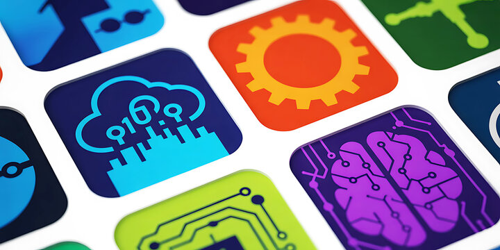 Collection of modern colorful digital icons representing technology and data processing on a white background - Powered by Adobe