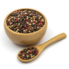 Mixed peppercorns in a wooden bowl and spoon whole spice blend for cooking isolated on white background
