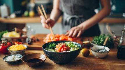 Naklejka premium Image of a fit woman preparing a nutritious poke bowl in her kitchen
