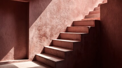 Naklejka premium Sunlit Terracotta Staircase in Minimal Architectural Interior with Soft Shadows. AI generative