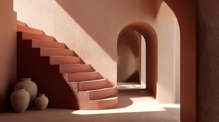 Minimal Terracotta Interior Staircase with Arched Corridor and Soft Sunlight in Mediterranean Architecture. AI generative