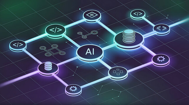 Digital network diagram illustrates artificial intelligence concepts with nodes and connections representing data processing and algorithms