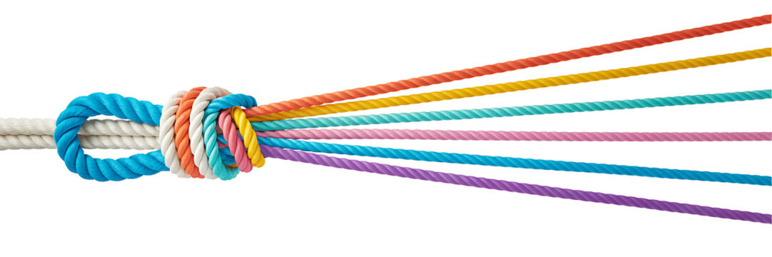 Diverse colorful ropes tied together into a strong knot symbolizing unity connection and teamwork