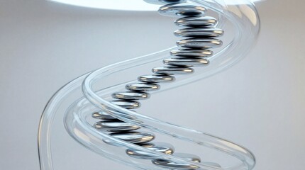 Abstract transparent glass spiral with metallic spheres, futuristic fluid geometry, minimal design, innovation, and modern technology concept