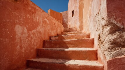 Sunlit Terracotta Stairway Between Stucco Walls in Historic Alleyway. AI generative