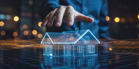 Futuristic digital blueprint of a house hologram projected and controlled by a hand