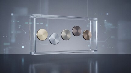 Abstract transparent glass frame with floating metallic discs on digital interface background, futuristic financial technology, data visualization, and modern business innovation concept