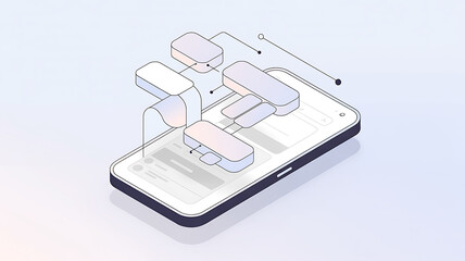 Isometric smartphone illustration showing abstract interconnected elements representing digital data flow and user interface design
