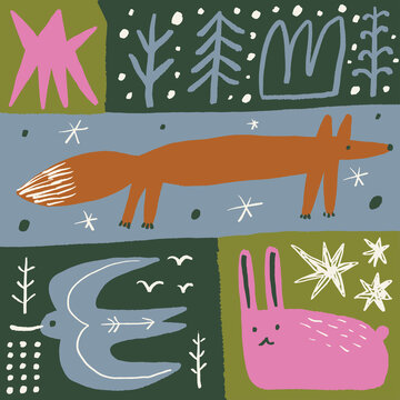 Birds, fox, hare or rabbit and little country house elements. Collage set colorful collection European flora and scene patterned animals fauna in Scandinavian Easter cottage-core style, floral