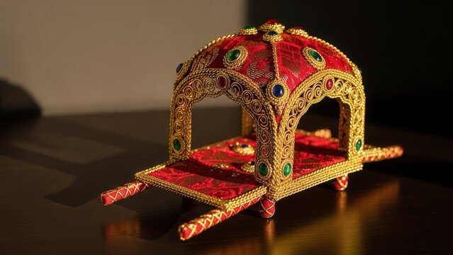 Miniature decorated palanquin model crafted with gold wire