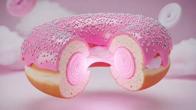 A pink frosted donut with sprinkles cut in half floating in air