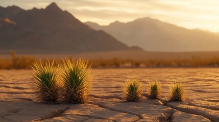 Tiny resilient desert plant sprouts push through cracked dry earth at sunset with distant mountains under warm golden light