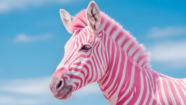 A pink zebra stands against a bright blue sky with clouds