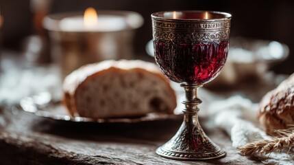 Sacred meal on church s wooden table Consuming communion Glass of red wine bread Corpus Christi celebration