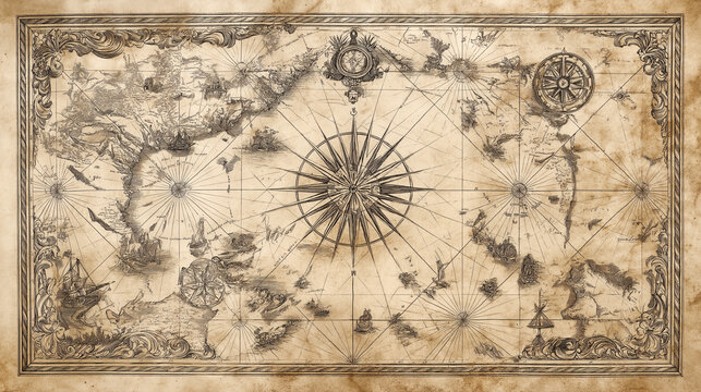 Antique nautical world map with ornate compass rose sailing ships engraved borders and faded parchment texture