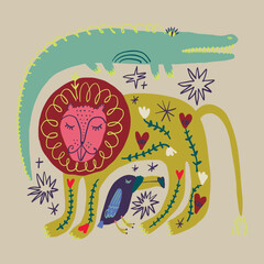 Obraz premium Cute African elements animals set isolated on background for kids content. Hand drawn silhouettes colorful collage. Flat cartoon character lion animal, toucan and crocodile. Inhabitant jungle forest