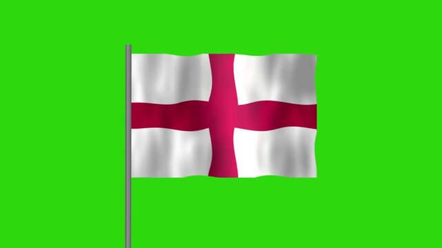 Flag of England, Pole flag of England on Green screen chroma key, England  flag waving in the wind isolated on Green Background. 
