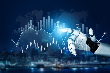 A robotic hand reaches out to engage with luminous financial graphs in a sophisticated urban landscape at night, showcasing advanced technology in finance. Scalp