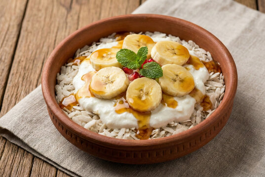 Traditional Bengali Healthy Breakfast Doi Chira Flattened Rice with Yoghurt and Banana in Clay Bowl