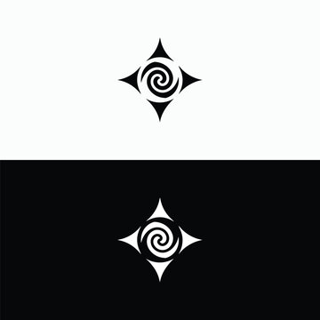 A stylized black and white spiral design contained within a pointed square frame, representing abstract cosmic energy or a mystical star.