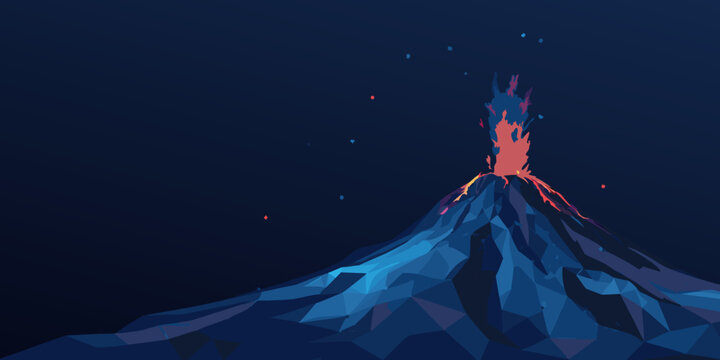 A stylized low poly illustration of a volcanic eruption at night