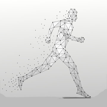 Abstract digital human figure dissolving into particles while in motion
