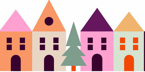 Fototapeta premium Colorful stylized houses with a green pine tree in front simple illustration