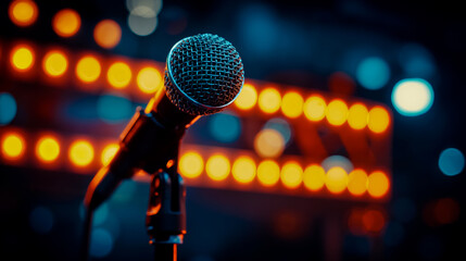 A microphone in front of a blurred stage with bright lights