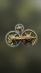 Obraz premium nature and machine concept: interlocking gears with leaves and wood create symbol of environmental balance and harmony