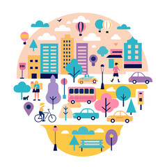 Colorful illustration depicting a cityscape inside a head shaped frame