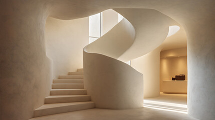 Fototapeta premium Cloud Dancer themed A modern, spiral staircase in a sleek, white building natural light Colour of the Year 2026