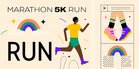 Illustration promoting a marathon or 5k run with a runner and rainbow