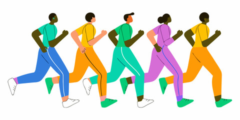 Diverse group of people running together illustrated with vibrant colors and dynamic poses