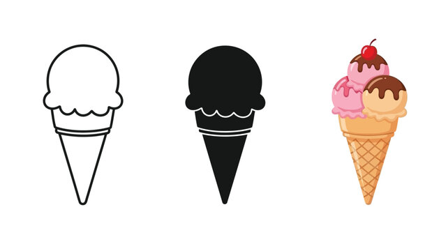 Set of three ice cream cone icons outline, silhouette and colorful illustration with cherry and chocolate topping