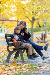 Fototapeta premium Cute little child and grandmother, sitting in a park, eating apple, smiling at each other