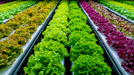 A colorful array of leafy greens growing in rows on a conveyor belt