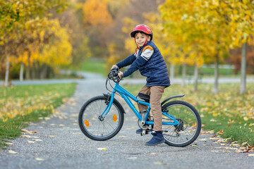 Fototapeta premium Cute little child, boy with colorful clothing, riding bike in an autumn park on a sunny afternoon, smiling happily