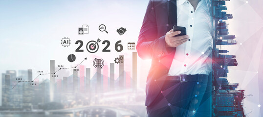 Bar graphs, charts, and number 2026 with AI and data analysis icons symbolizing future business innovation and analytics Parse