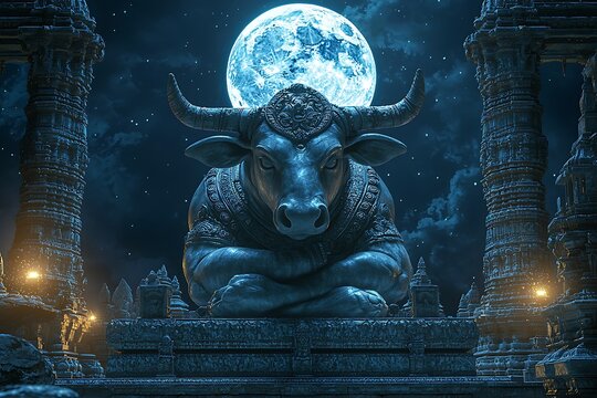 Divine shiva nandi bull in mystical night scene high resolution picture