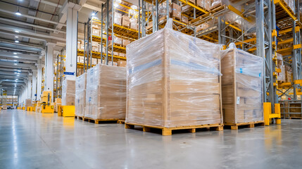 A large industrial warehouse with multiple stacks of cardboard boxes wrapped in plastic arranged on pallets and surrounded by metal shelving and racks