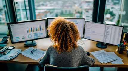 A woman with curly red hair is sitting at a desk with three computer monitors looking at one of them