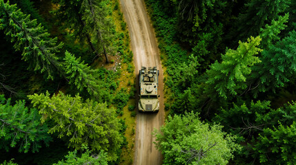 A military vehicle travels down a dirt road surrounded by dense green forest