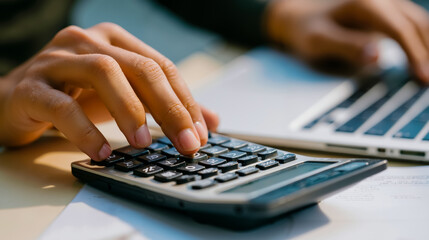 A person's hands are using a calculator and a laptop computer