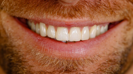 A close-up of a man's face with a beard and mustache showing his teeth and lips