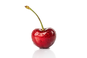 A single ripe cherry glistening with water droplets, isolated on a clean white background, showcasing its fresh, healthy, and vibrant natural beauty